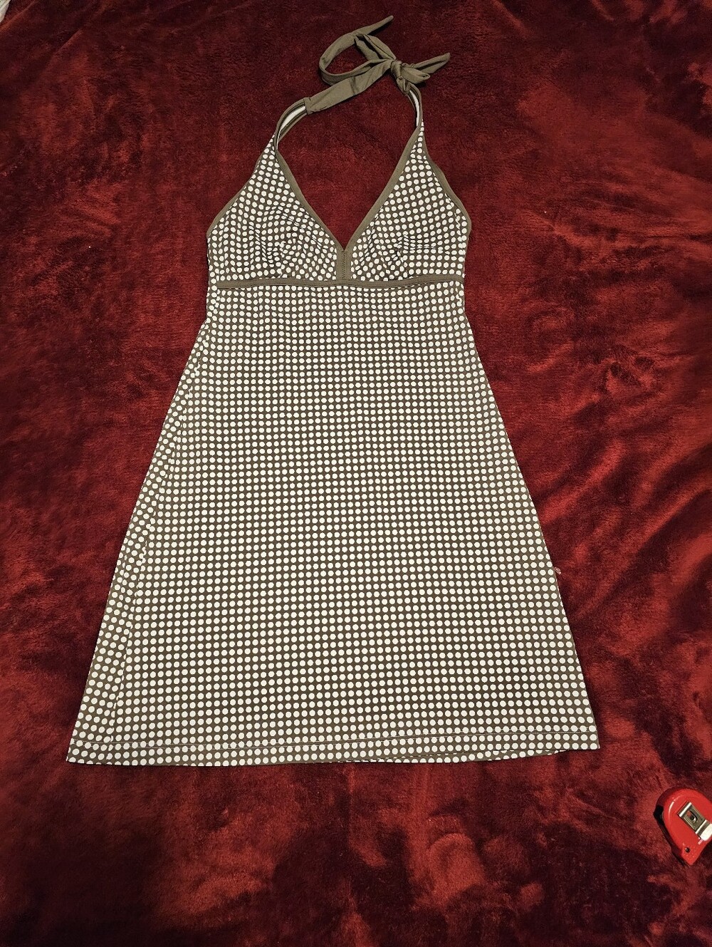 Tommy Bahama Olive and White Polka Dot Halter Mini Dress XS